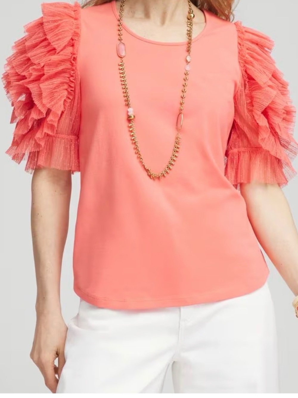 Chico’s Pleated Tulle-Sleeve Top